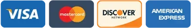 Payment logos: Visa, Mastercard, Discover and American Express