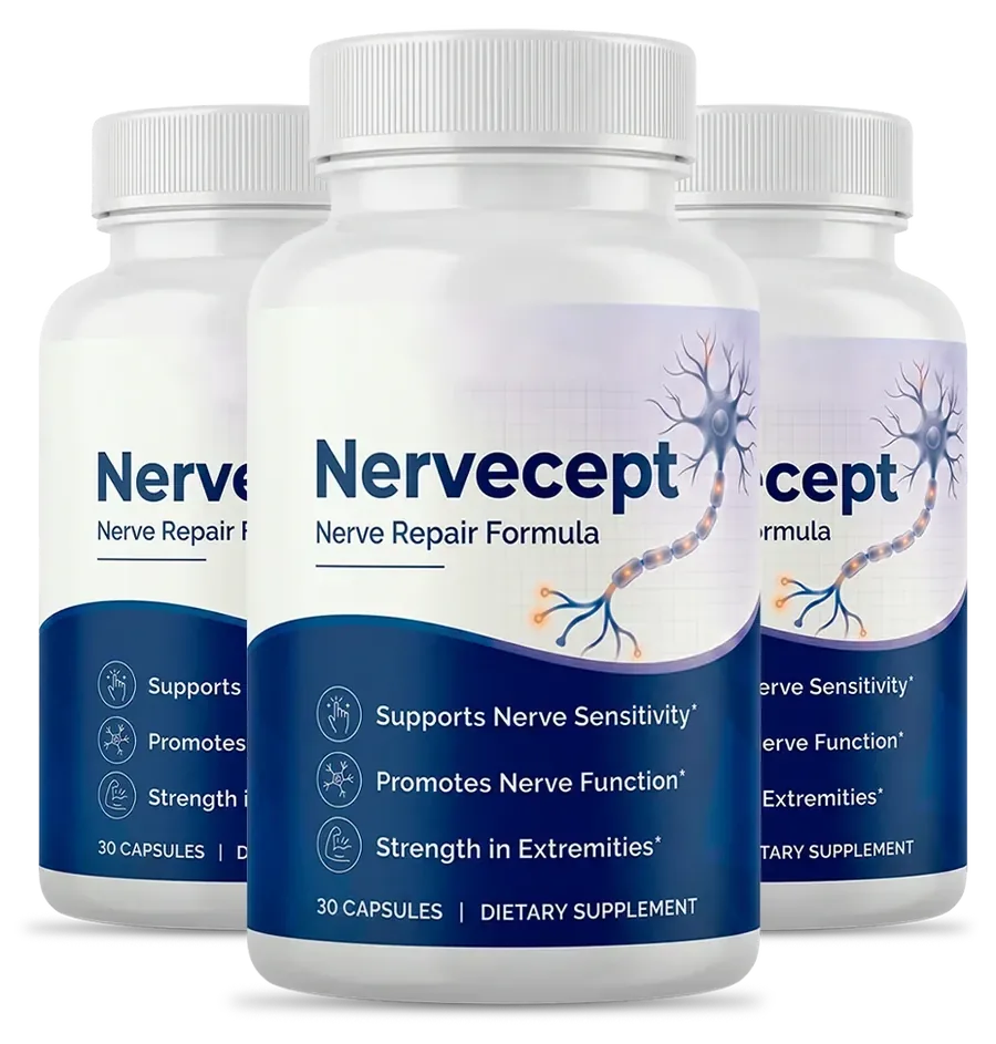 3 white Nervecept capsule bottles with the navy and white label