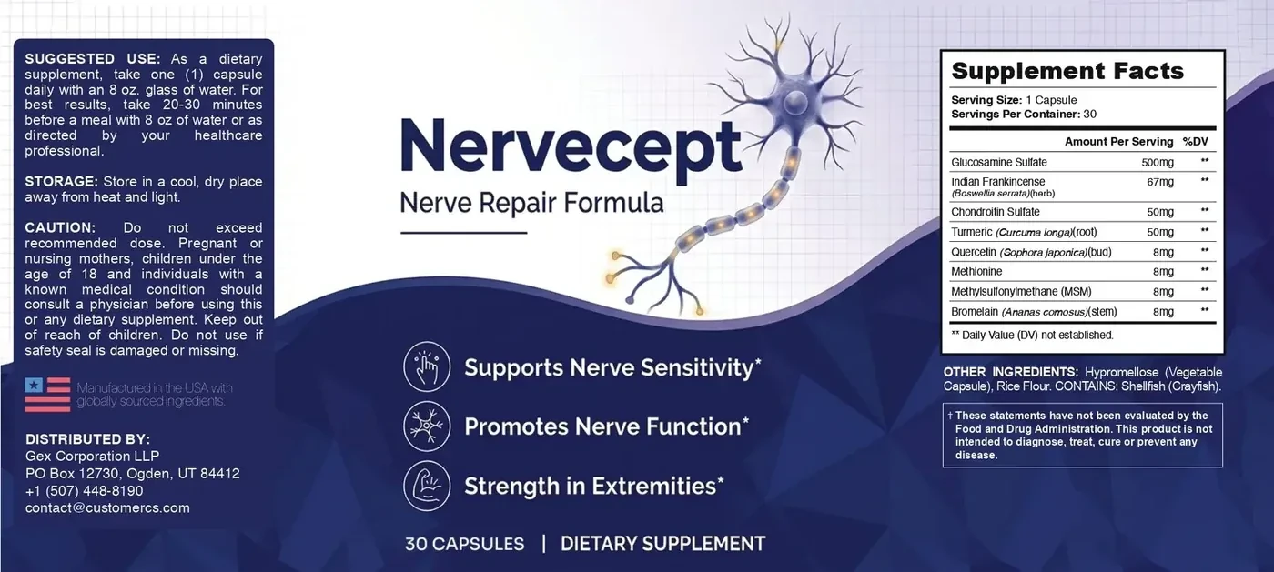 The flat Nervecept label: suggested use, storage, caution and distributor on the left; the Nervecept wordmark, Nerve Repair Formula and three starred lines in the middle; Supplement Facts and the FDA statement on the right