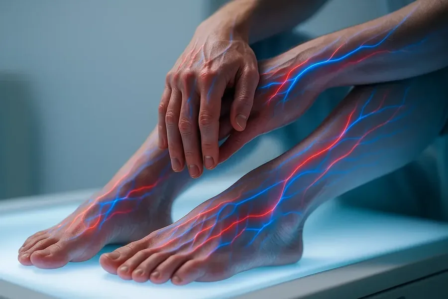An illustration of hands resting on bare feet with red and blue lines