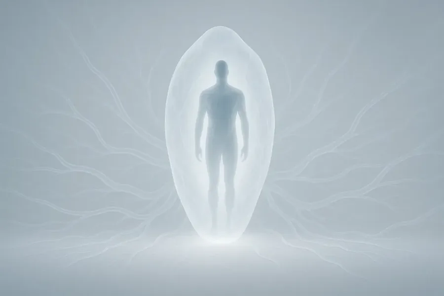 An illustration of a body outline in a pale energy field