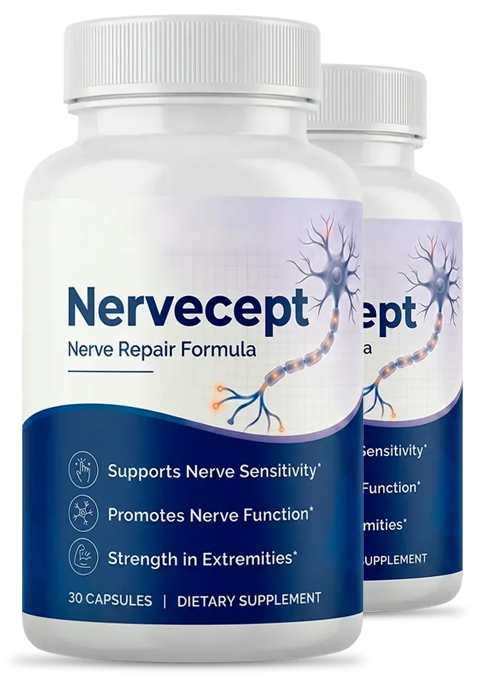 2 white Nervecept capsule bottles with the navy and white label