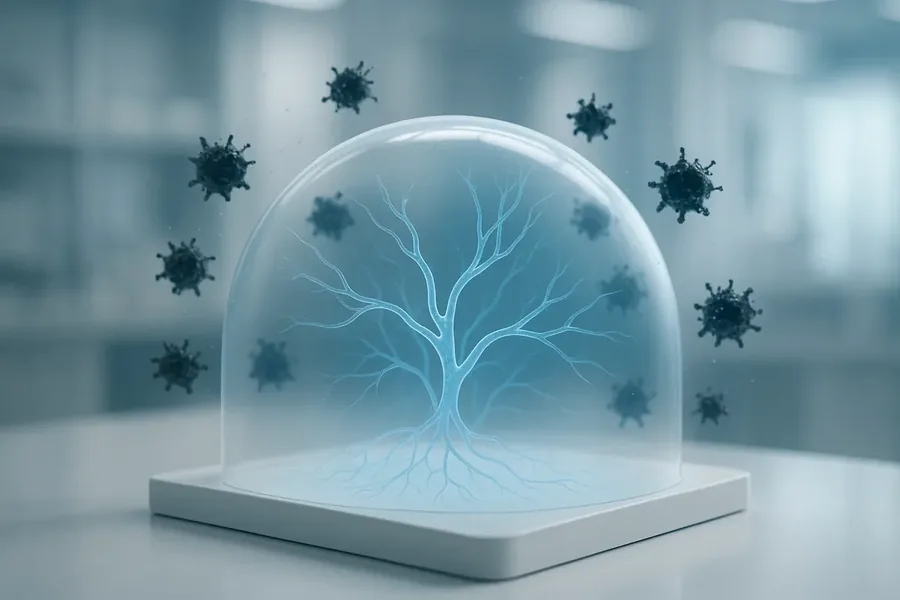 An illustration of a glass dome over a branching tree on a plate