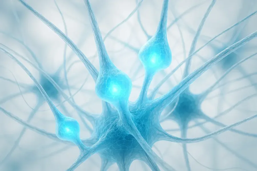 An illustration of glowing neurons joined by branches