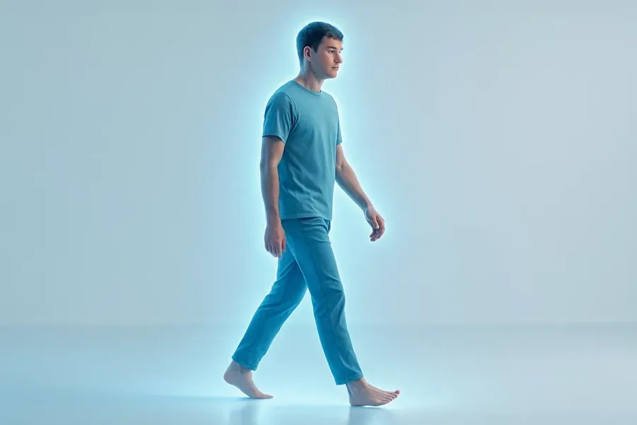 An illustrated figure walking in a pale blue glow