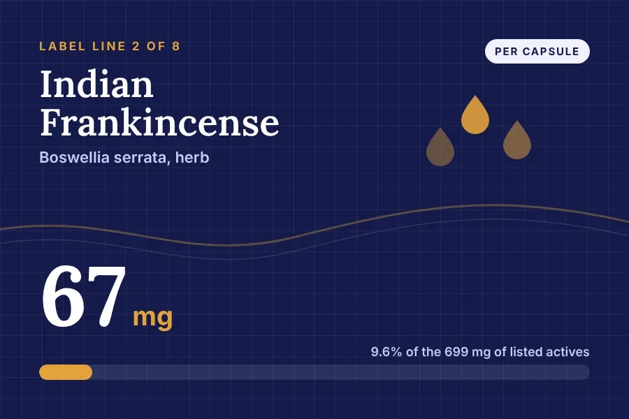 Label art for Indian Frankincense (Boswellia serrata): line 2 of 8 on the Nervecept Supplement Facts panel, 67 mg per capsule