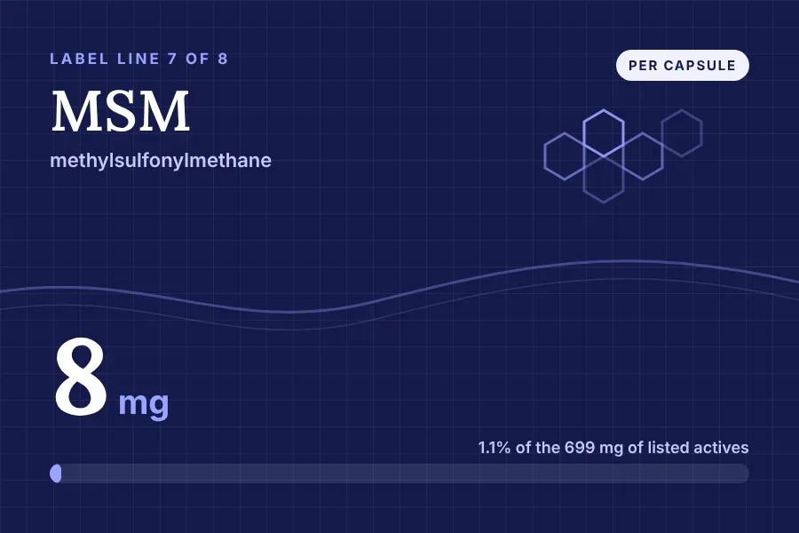 Label art for Methylsulfonylmethane (MSM): line 7 of 8 on the Nervecept Supplement Facts panel, 8 mg per capsule