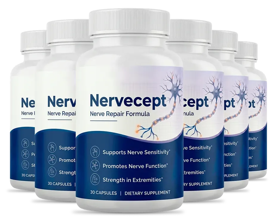6 white Nervecept capsule bottles with the navy and white label